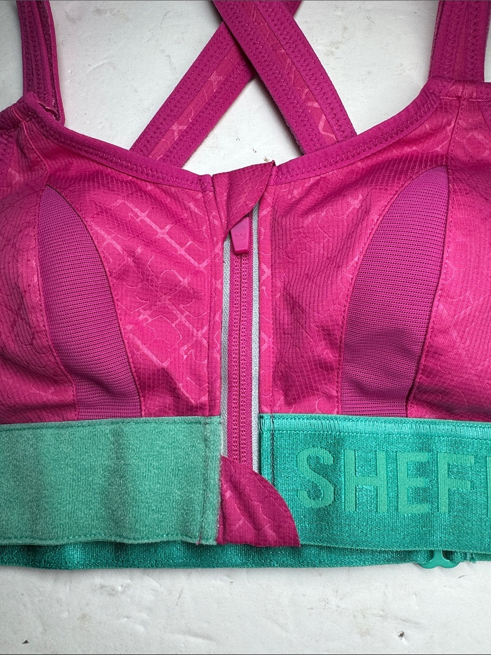 SHEFIT Bright Pink Sports Bra Teal Band S zip front new workout comfort support - Picture 6 of 9